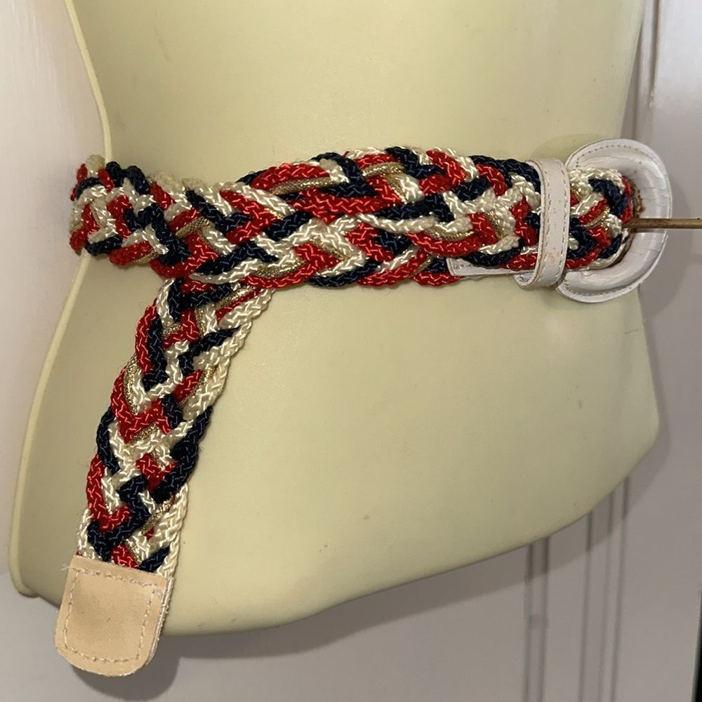 Vintage 70s red, white, navy blue & gold woven nylon cord belt - Picture 3 of 8